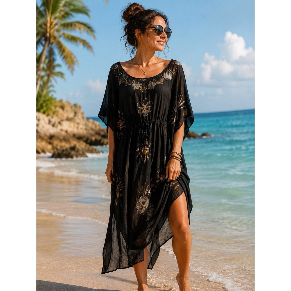Black Long Sheer Boho Beach Cover Up Caftan Gold Glitter‎ Floral Sunburst OS